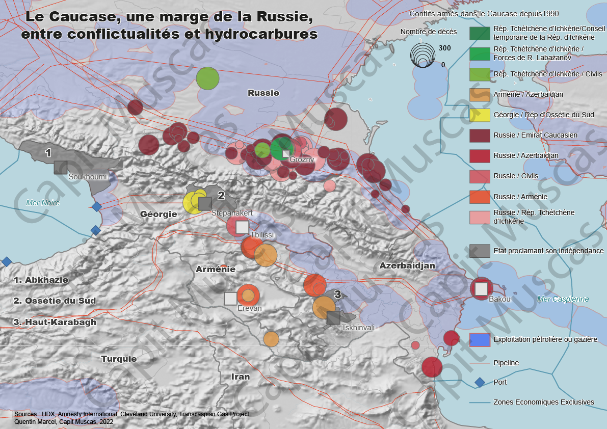 Carte Le Caucase, une marge de la Russie, entre conflictualités et hydrocarbures