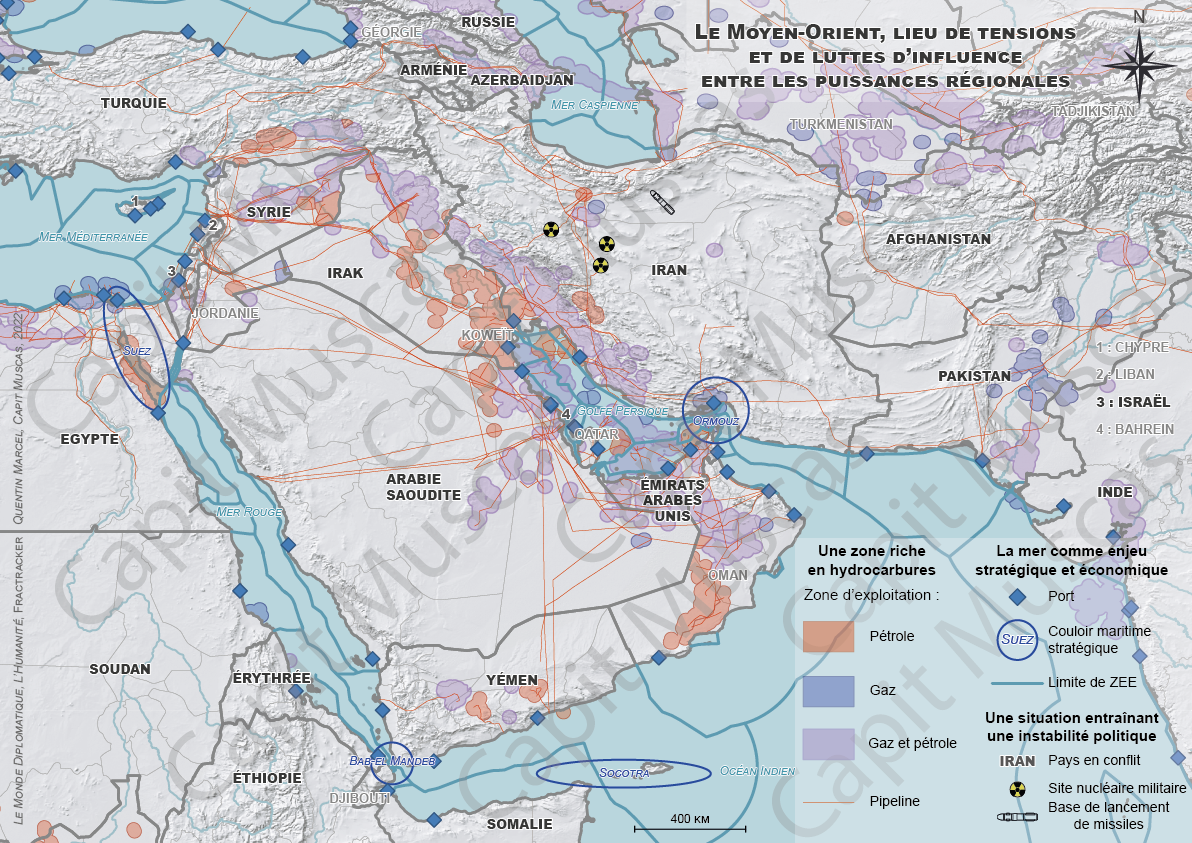 Carte Le Moyen-Orient, lieu de tensions et de luttes d'influence entre les puissances régionales